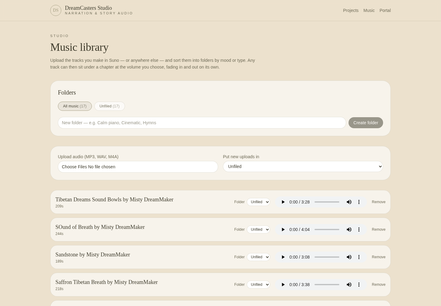 Music library: MP3, WAV, and M4A tracks upload into named folders, each with inline playback, folder assignment, and removal.