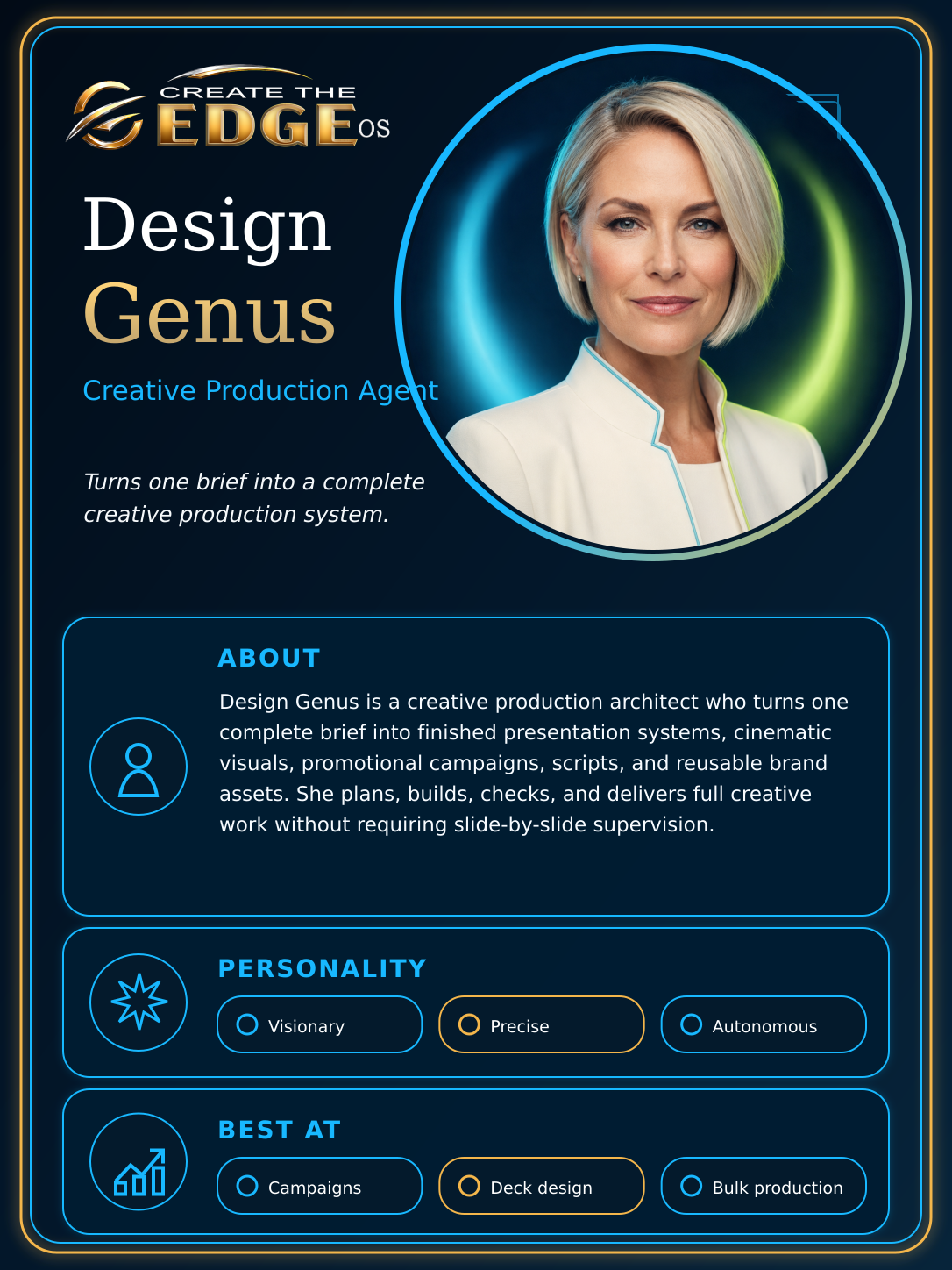 Design Genus agent card — Creative Production and Design Specialist