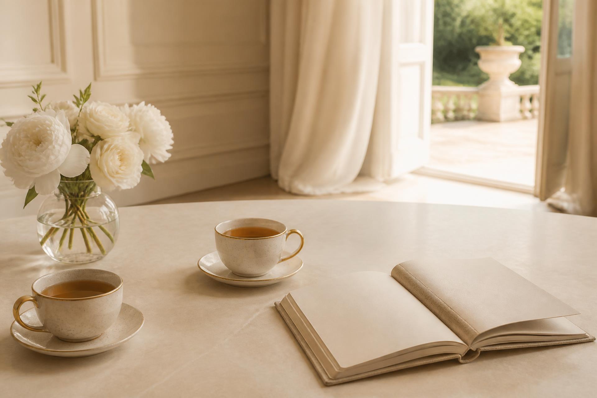 A cream table set with two cups of tea, white blooms and an open notebook beside an open doorway