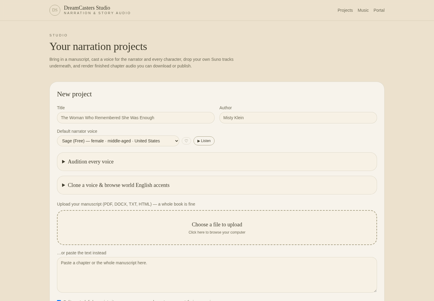 Project creation and manuscript import: title, author, and default narrator voice are set, then a PDF, DOCX, TXT, or HTML manuscript is uploaded or pasted. Voice auditioning and the voice browser are one click away.