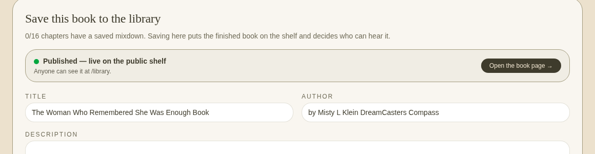 Publishing controls: Save this book to the library sets visibility — here Published, live on the public shelf — with title, author, and description editing before release.