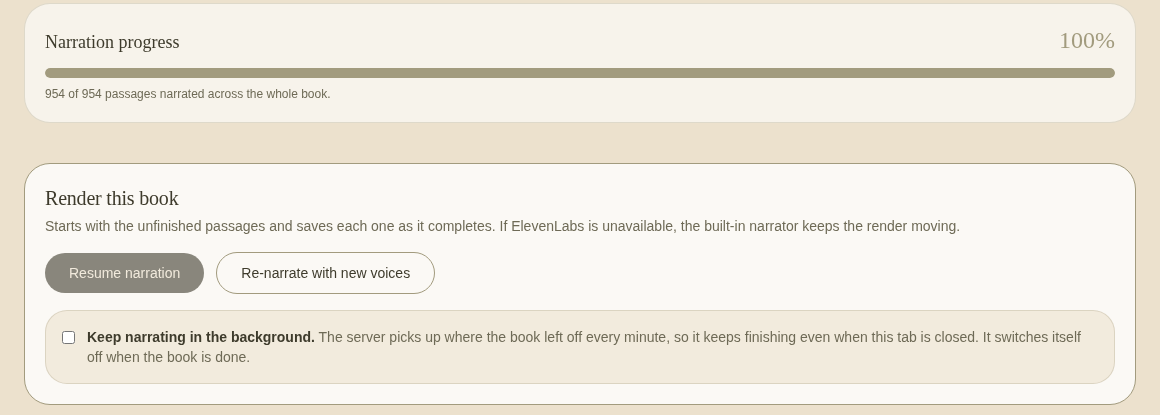 Narration progress: the project-level gauge shows passages completed across the whole book, with Resume narration, Re-narrate with new voices, and the keep-narrating-in-the-background option for long renders.