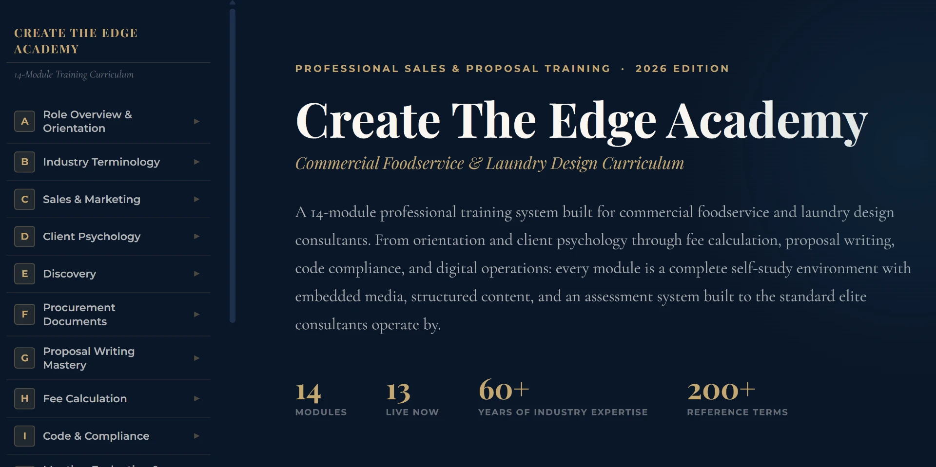 Create The Edge Academy home — 14-module sidebar navigation and 2026 Edition title