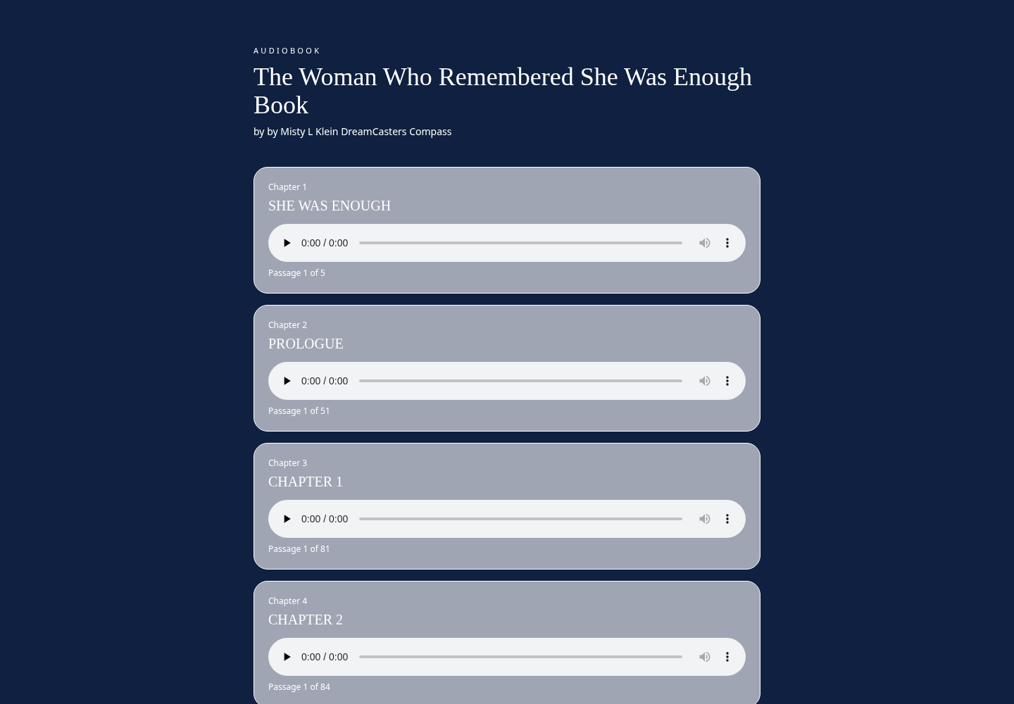 Public audiobook page: listeners open the published book without an account, see the full chapter structure, and play or download each chapter.