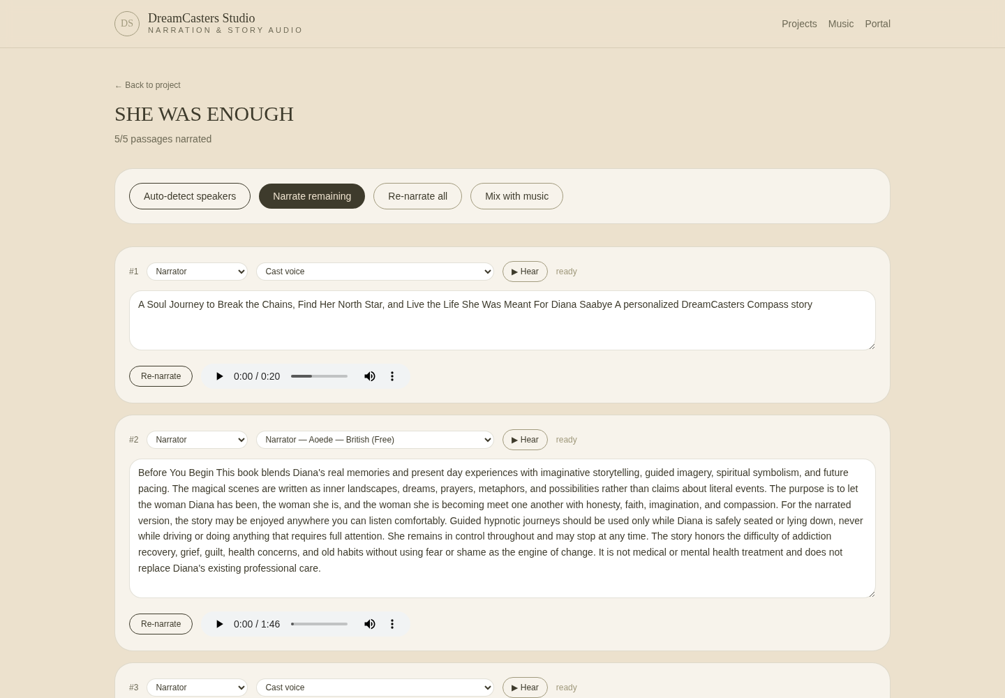 Chapter editor and speaker detection: Auto-detect speakers, Narrate remaining, Re-narrate all, and Mix with music sit above the passage list. Each passage has speaker and voice dropdowns, a Hear preview, and a ready / stale / error status.