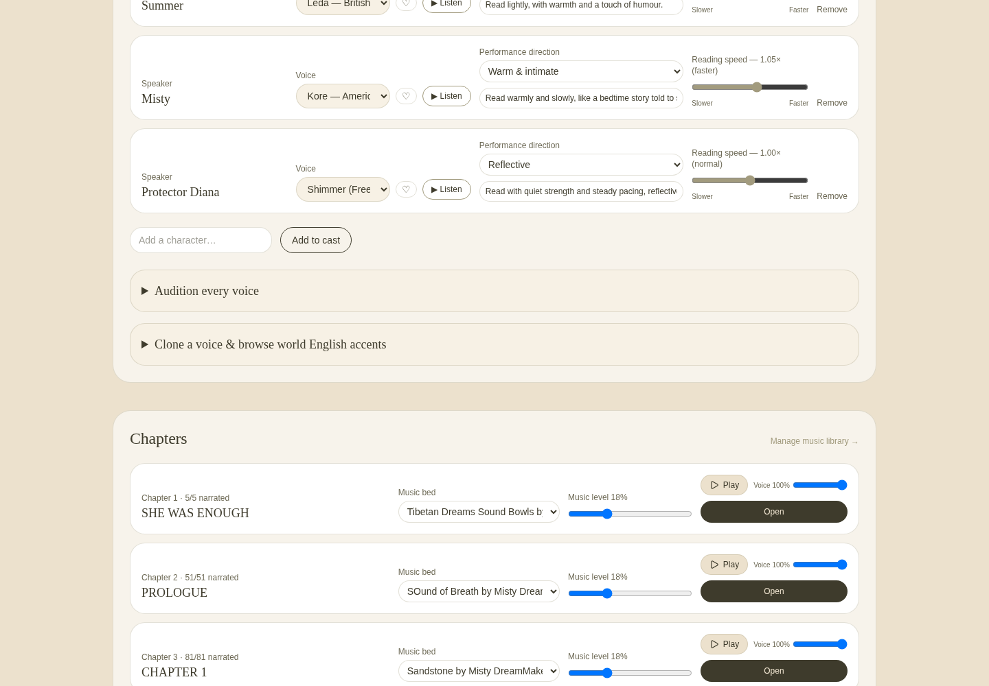 Voice Cast: each speaker carries an assigned voice, a Listen audition button, performance direction, and a reading-speed slider from 0.6× to 1.4×. New characters can be added to the cast at any time.