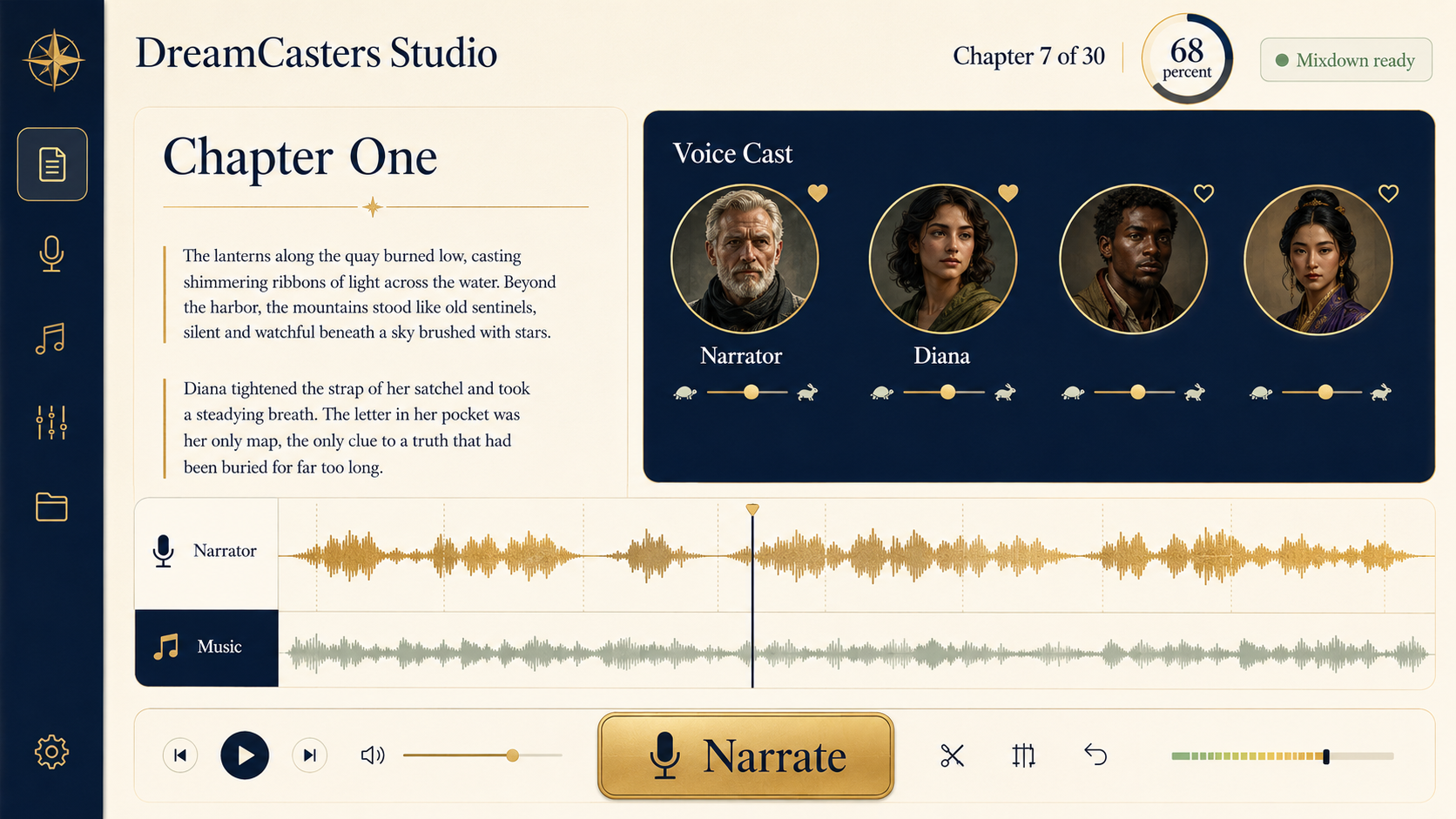 DreamCasters Studio multi-voice narration workspace